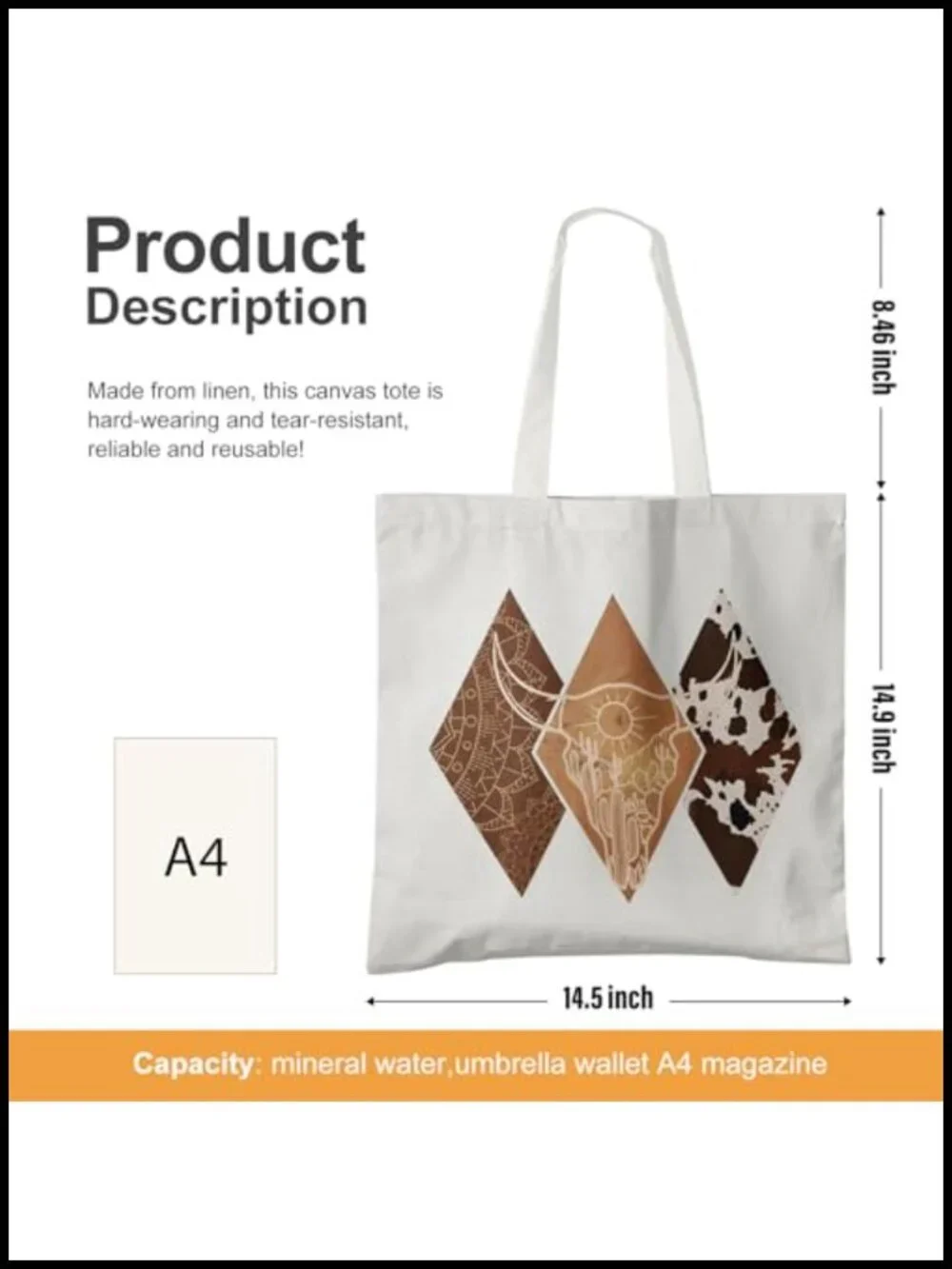 Western Cow Bull Skull Canvas Tote Bag Reusable Grocery Shopping Tote